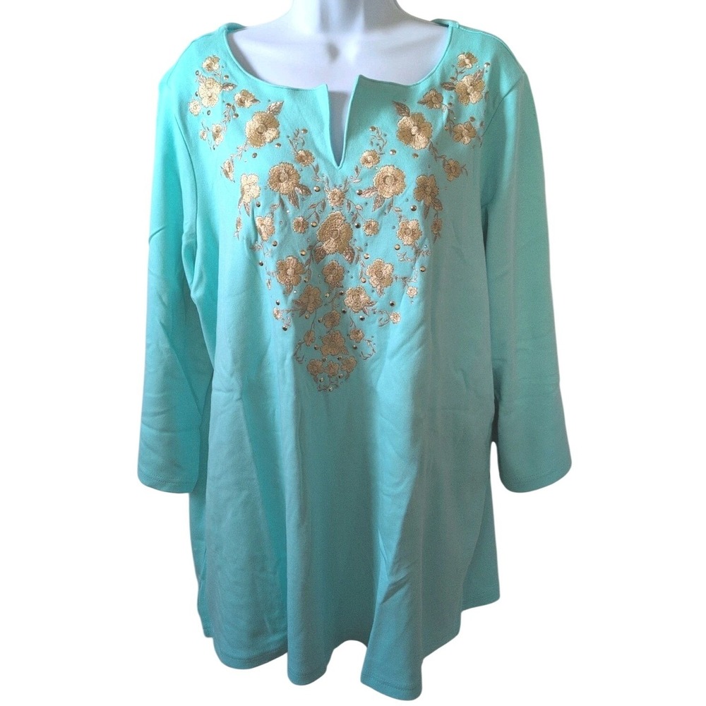 Quacker Factory Tunic Top 2X NWT Aqua Mint Green Embroidered V-Neck 3/4 Sleeve